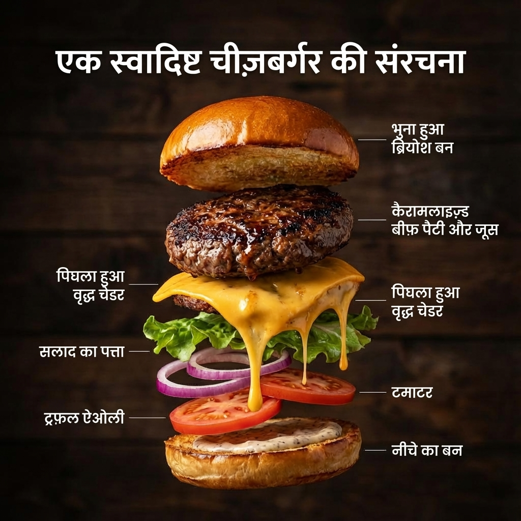 Hindi version of the cheeseburger infographic generated by Nano Banana Pro