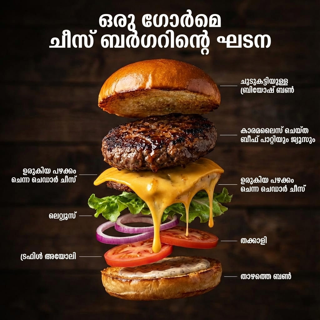 Malayalam version of the cheeseburger infographic generated by Nano Banana Pro