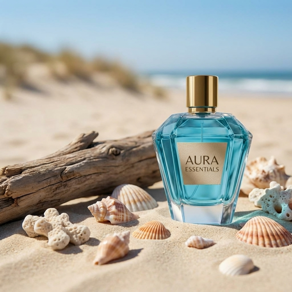 Edited perfume product shoot generated with Nano Banana Pro, placed in a beach-themed setting with seashells.