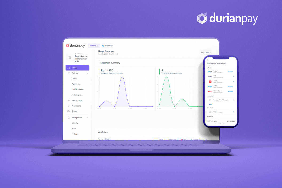 Dashboard screen design of DurianPay, Indonesia’s fastest payment aggregator platform with a fully integrated and comprehensive payments stack that enables online businesses to grow and scale.
