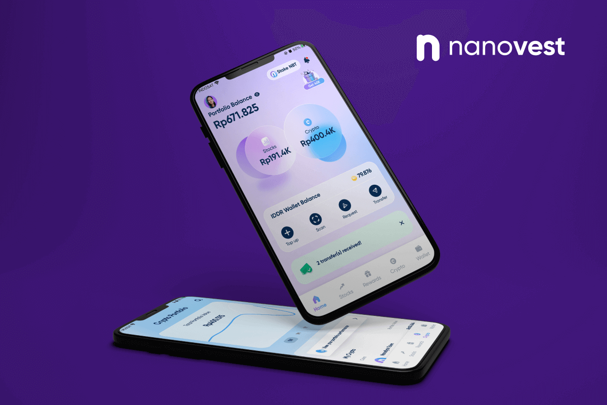 App screen design of Nanovest, a feature-rich FinTech app for cryptocurrency, stock market investment, and money transfer in Indonesia.