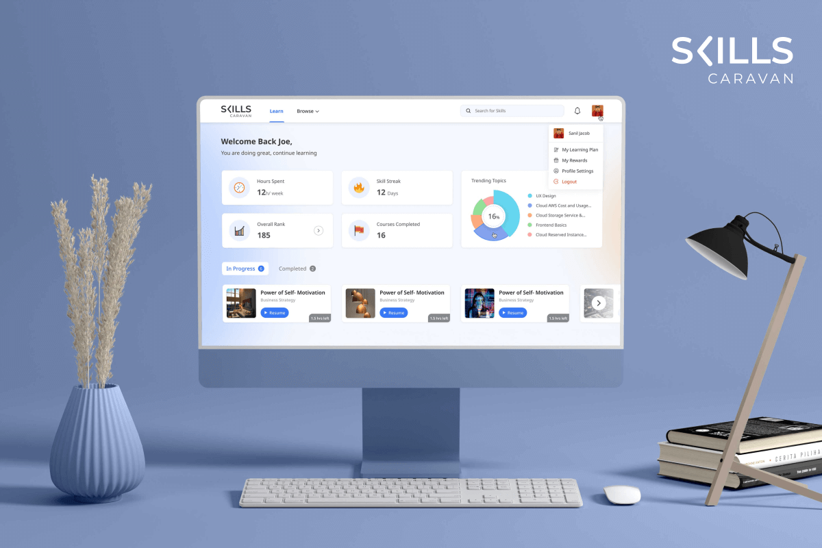 Dashboard screen design of Skills Caravan, a B2B Learning Experience EdTech Platform (LXP) based out in India