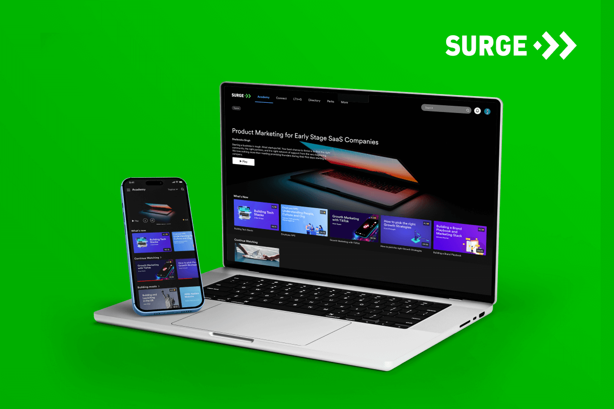 Home page and app screen design of Surge, a Community-Tech idea that enables a community to energise startups and support new founders of Southeast asia.